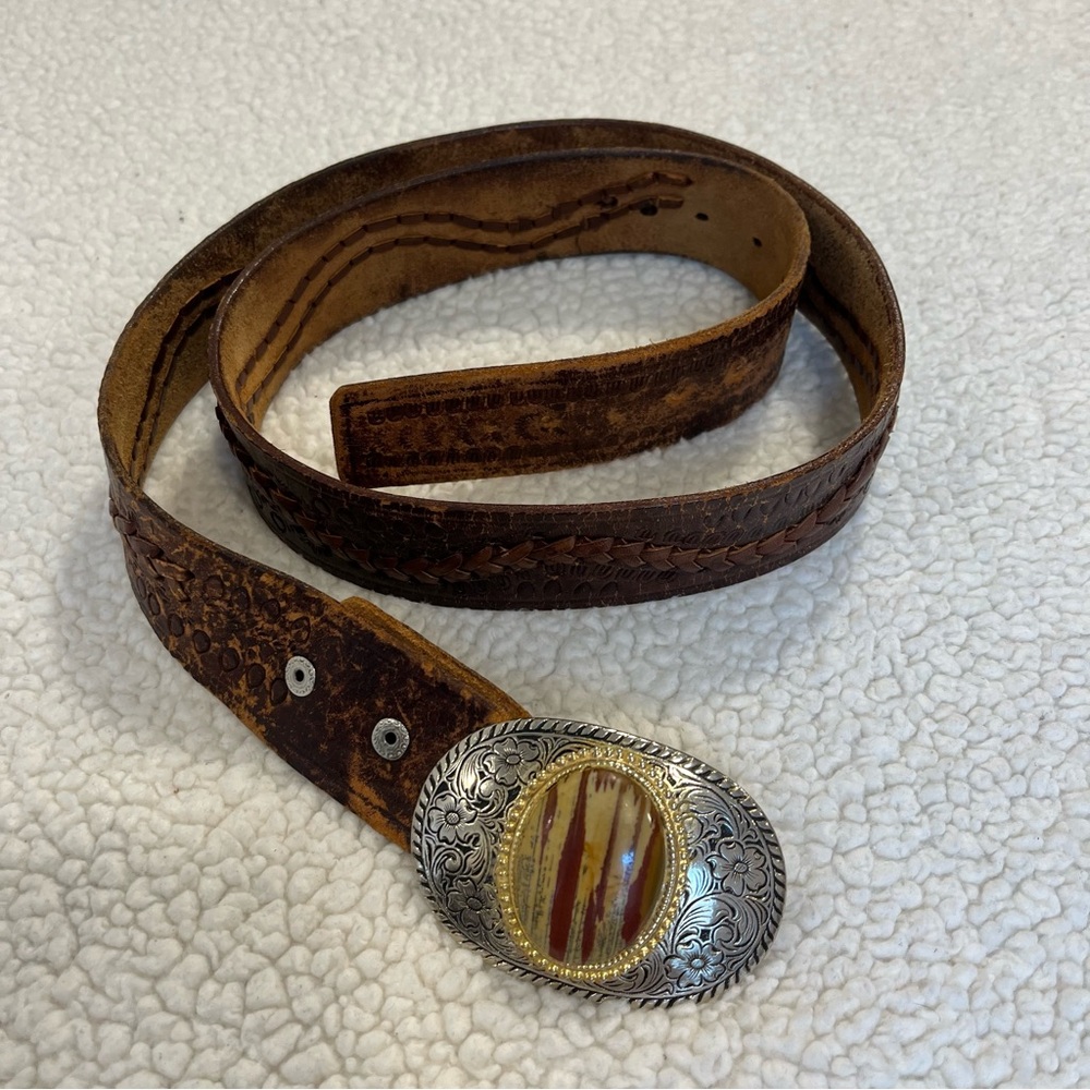 Vintage Western Cowboy Style Belt with Floral Scroll and Jasper Buckle